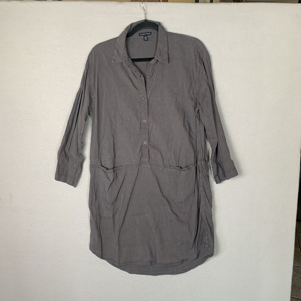 Eileen Fisher Shirt Dress Womens Small Gray Linen Blend Button Office Siren